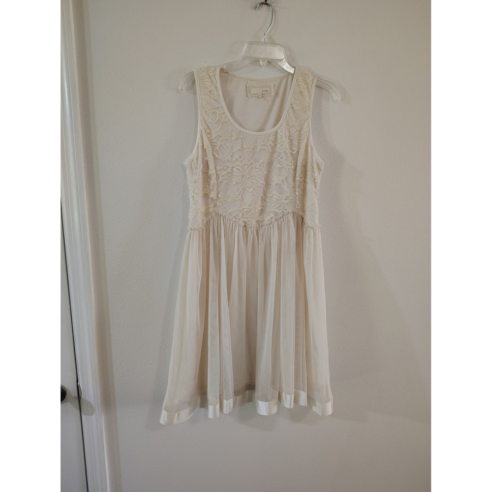 A'reve‎ Womens Lace Tulle Mini Dress Cream Sleeveless Floral Boho Size Large